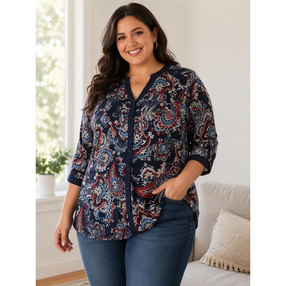 Catherines Womens Plus 1X 18/20W Navy Paisley Button Front 3/4 Sleeve Blouse Top